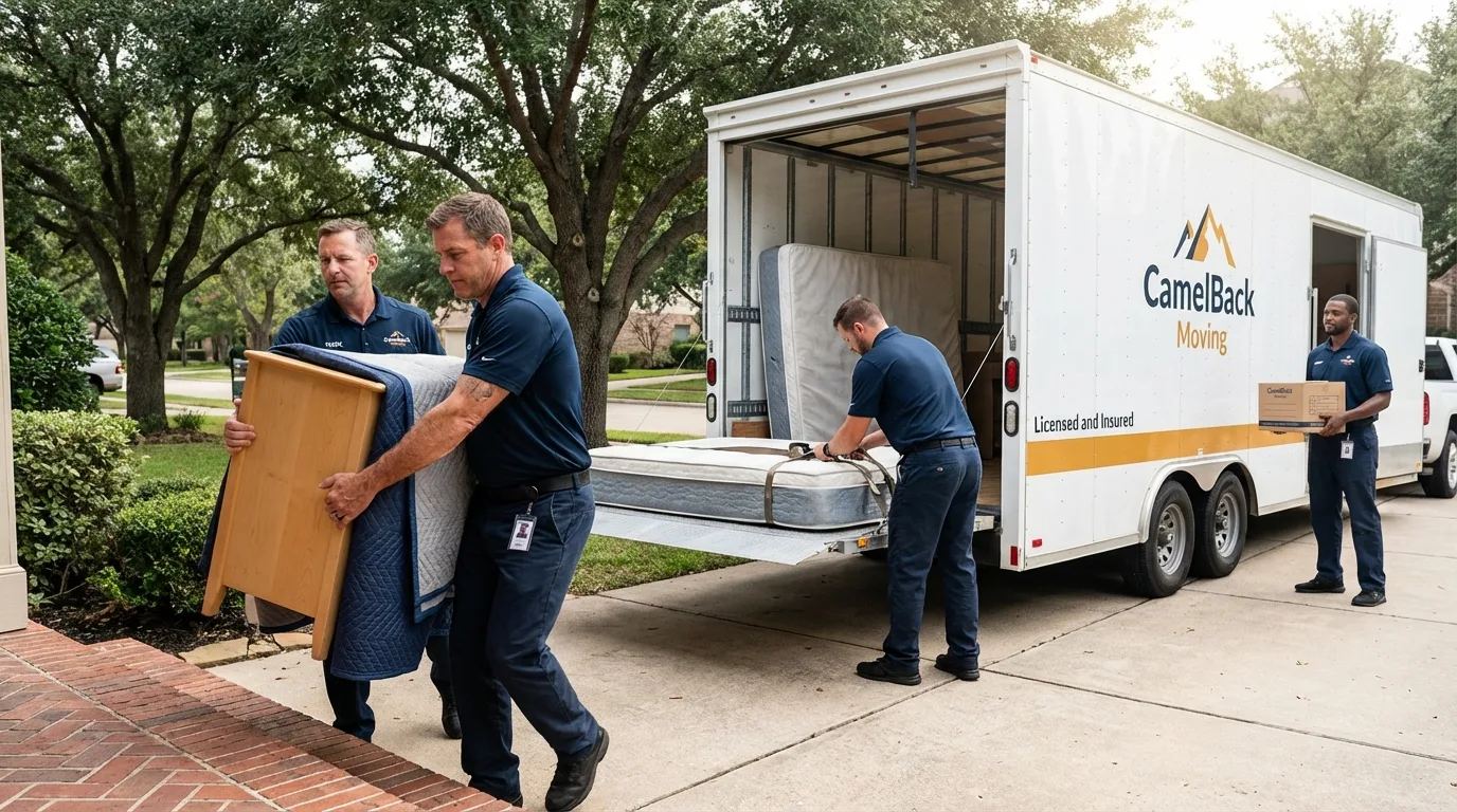 Crew loading residential truck for cross-state move from El Cajon, CA