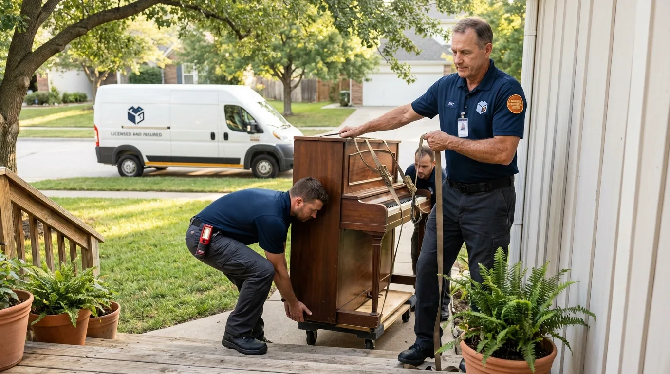 Licensed piano movers securing grand piano in El Cajon, CA