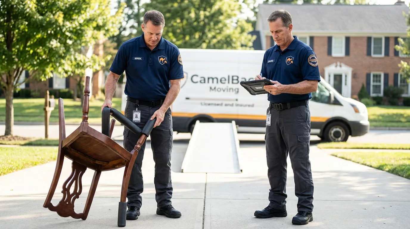 Movers inspecting furniture for damage prevention before loading in El Cajon, CA