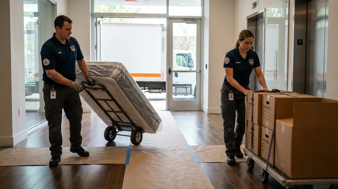 Professional apartment movers loading elevator in El Cajon, CA